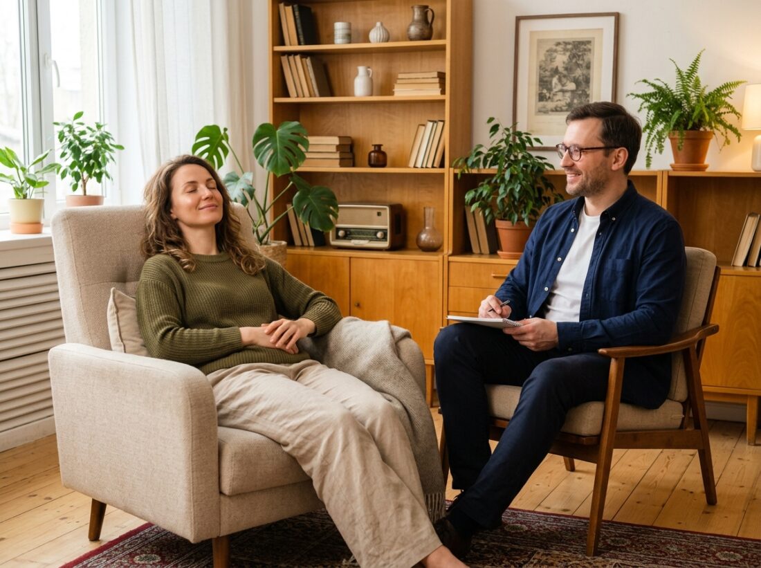 Gabinet hipnoterapeutyczny w ciepłych tonach — fotel do sesji, spokojne światło, klient w pozycji