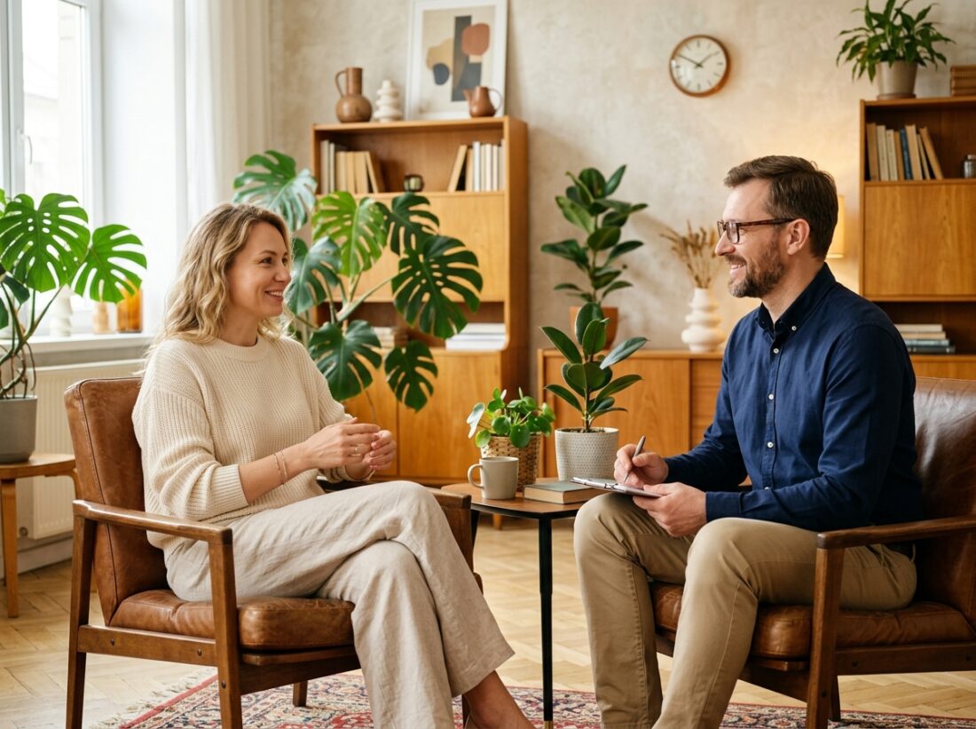 Klientka rozmawiająca z psychoterapeutą w ciepłym gabinecie z drewnianym stołem i filiżanką