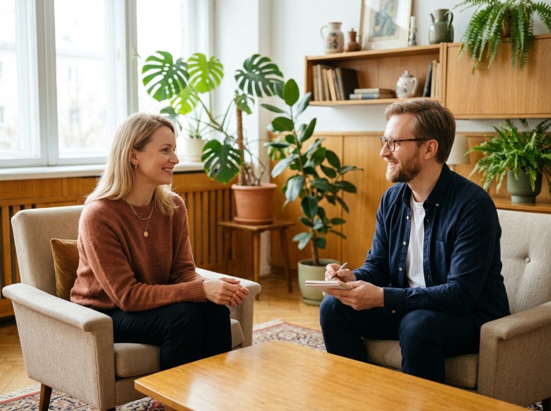 Dziecko siedzące spokojnie w przyjaznym, pełnym zabawek i ciepłego światła pokoju, uśmiecha się