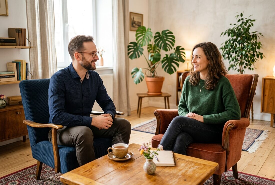 Hipnoterapeuta podczas konsultacji z klientka - gabinet hipnoterapii