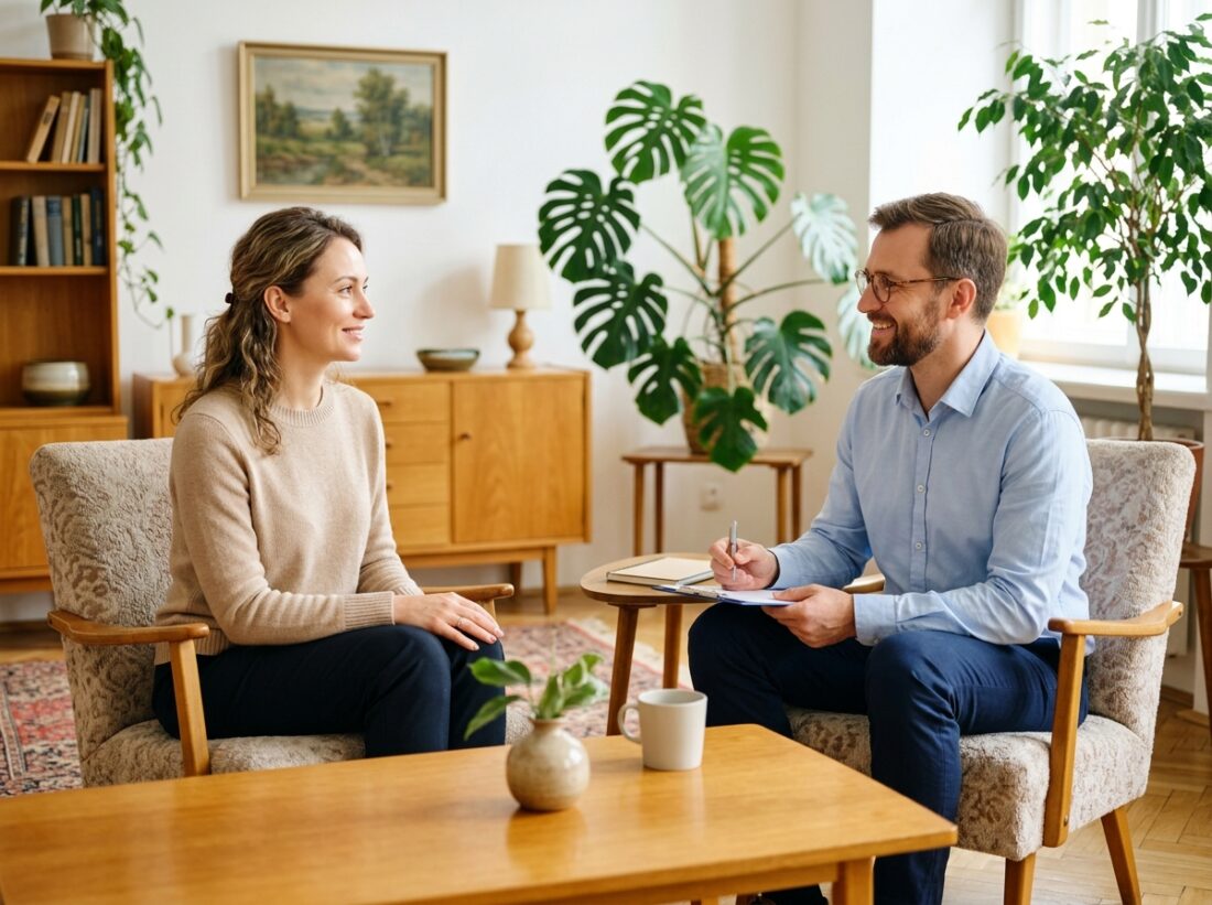 Bliższy kadr: ręce klienta swobodnie ułożone na podłokietnikach fotela, terapeuta - sesja hipnozy