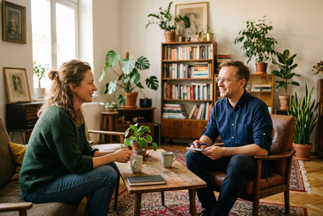 Hipnoterapeuta podczas wstępnej rozmowy z klientką - hipnoza regresyjna