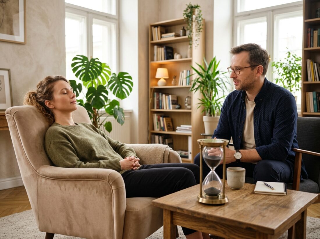 Hipnoterapeuta podczas sesji z klientka - sesja regresji hipnotycznej