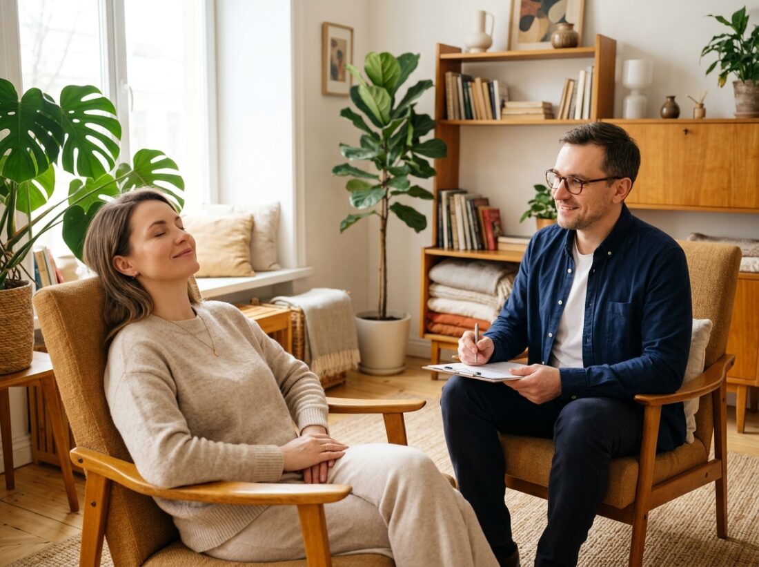 Sesja hipnoterapii — klient w fotelu z zamkniętymi oczami, hipnoterapeuta obok w spokojnej postawie