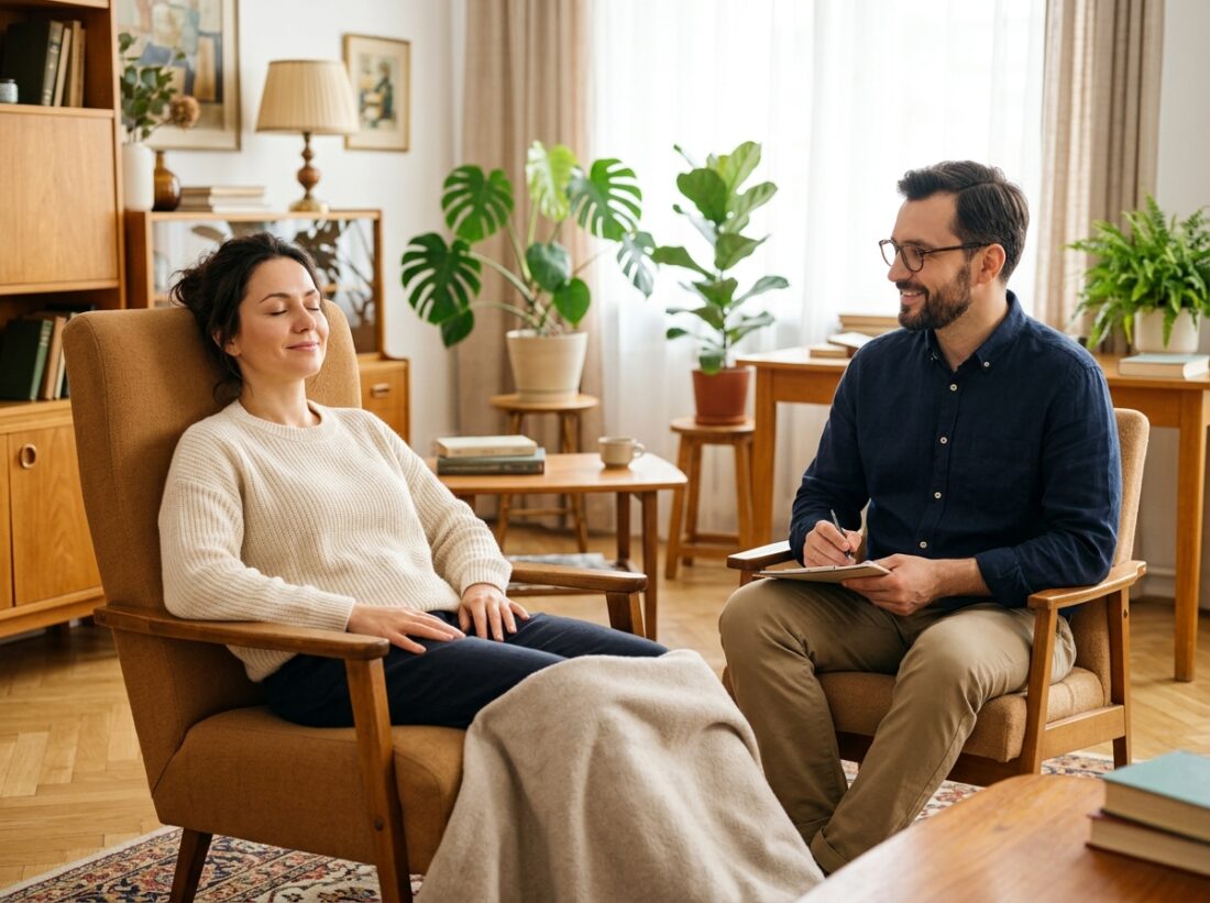 Hipnoterapeuta i klient podczas sesji w gabinecie - hipnoza