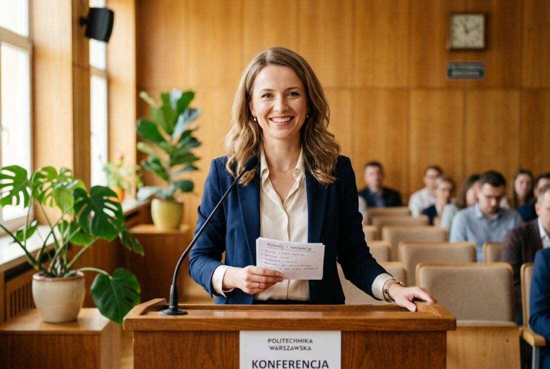 Kobieta przy mownicy w sali wykladowej - pewne wystapienie mimo glosofobii