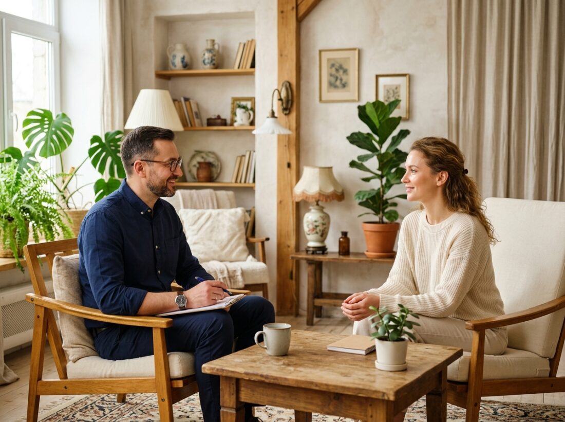 Spokojny gabinet hipnoterapeuty — fotel klienta, miękkie oświetlenie z lampy, naturalne kolory