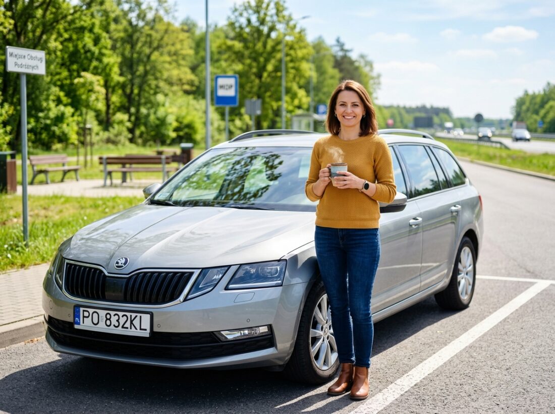 Spokojny parking / MOP przy autostradzie w ciepłym świetle dnia: zaparkowany samochód, kierowca z
