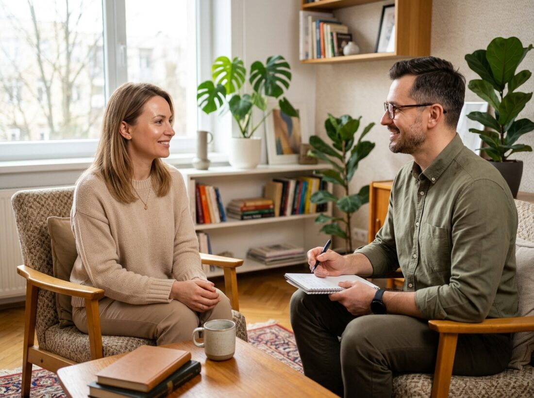 Kadr przedstawiający kontrast podejścia profesjonalnego: hipnoterapeuta i klient w wygodnym fotelu,