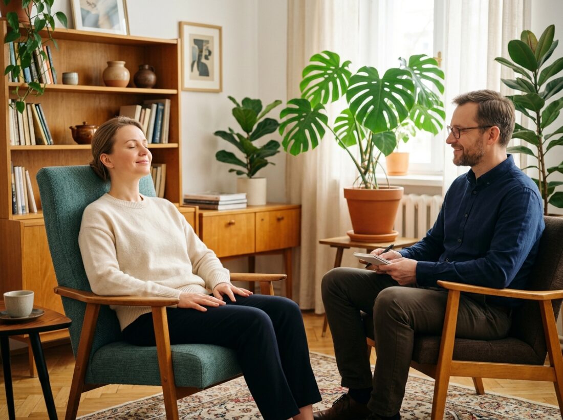 Zrelaksowana osoba odpoczywająca na sofie retro w przytulnym, jasnym pokoju pełnym roślin, miękkie