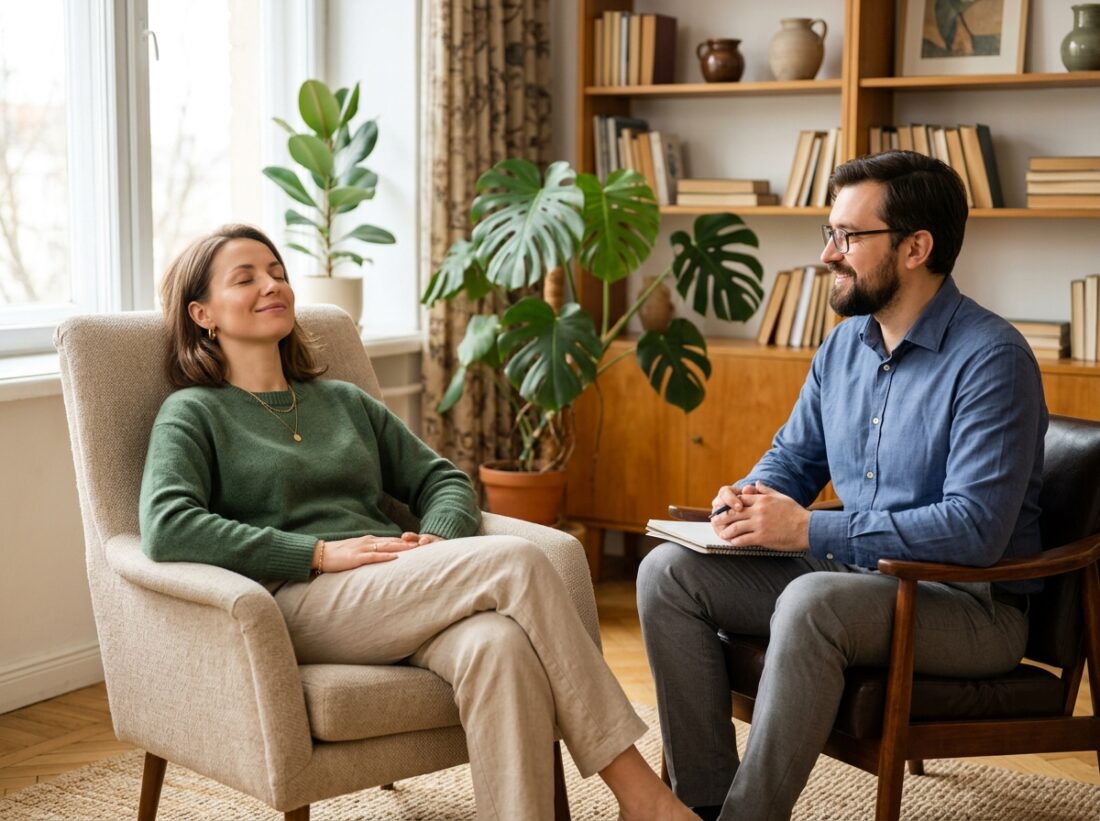 Sesja hipnoterapeutyczna – hipnoterapeuta rozmawia z klientem w przytulnym gabinecie - hipnoza