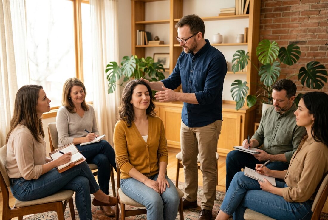 Kurs hipnozy - grupa uczestników ćwiczy w półokręgu pod okiem prowadzącego