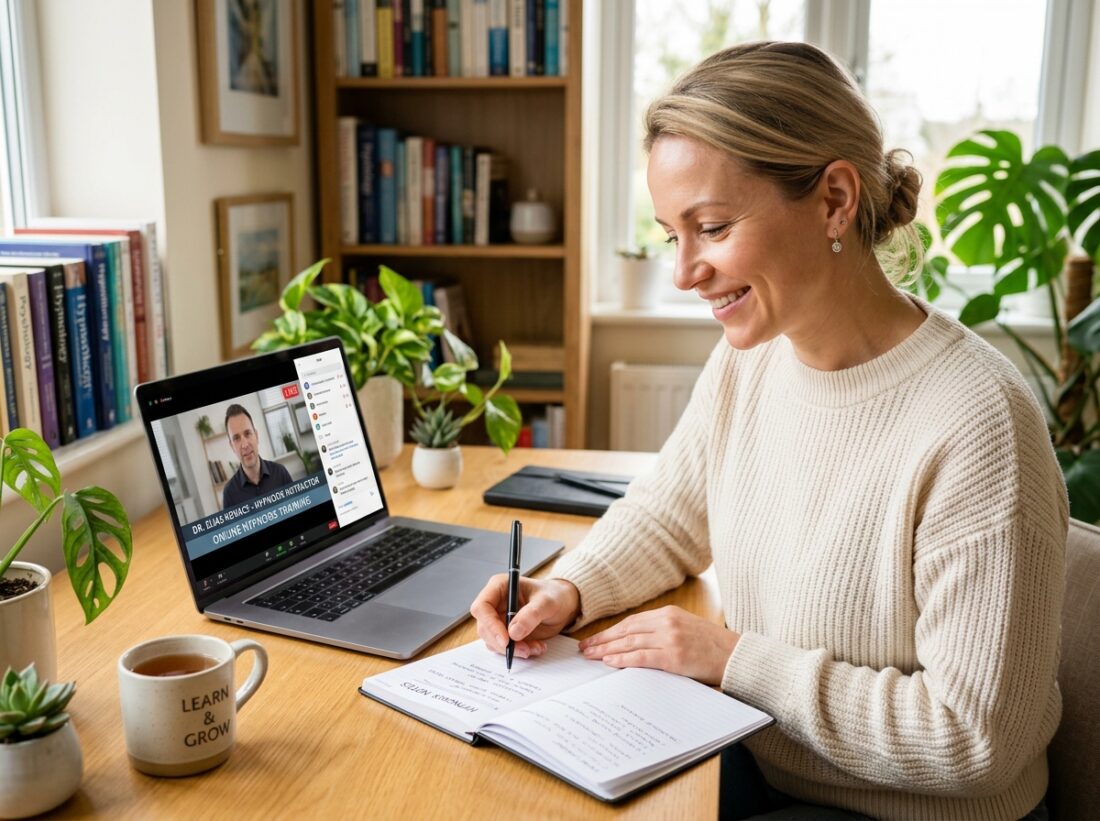 Kurs hipnozy online - nauka zdalna przy laptopie z prowadzącym na ekranie